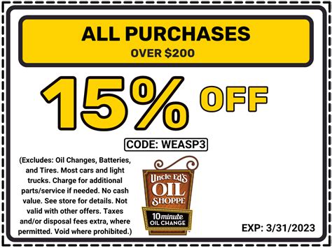 Apply This Discount Code and Get $15 Off Oil Change with Synthetic Motor Oil. Code. 03/08/2024. $20 Off Jiffy Lube Discount Code for Radiator Coolant Exchange. Code. 03/21/2024. Save $10 on Any Brake Service Plus Get a Free Brake Inspection with This Jiffy Lube Coupon Code. Code. 03/13/2024.